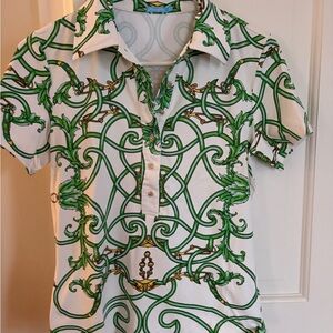 Versace Sport Green Scroll-Print Polo Blouse J McLaughlin small